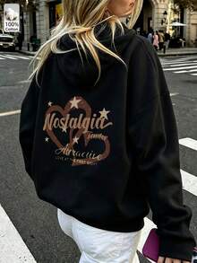 Oversized Women's Sweatshirt For Autumn/Winter, Long-Sleeve Hoodie With Pockets, Casual Top, Y2K Style, Daily Letter Graphic Print, Unisex, Black - Black - View 3