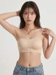 Mystèrelle Women's Front-Closure Strapless Bra, Removable Padding, Wire-Free Bandeau Tube Bra, Adjustable Non-Slip Rubber Strip Bra - Beige - View 2