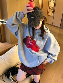 Women's Hooded Sweatshirt, New Autumn/Winter Apple Pattern Print, Drawstring Design, With Pockets, Casual Versatile Loose Fit Top, Fashionable Daily Wear - Dark Gray - View 1