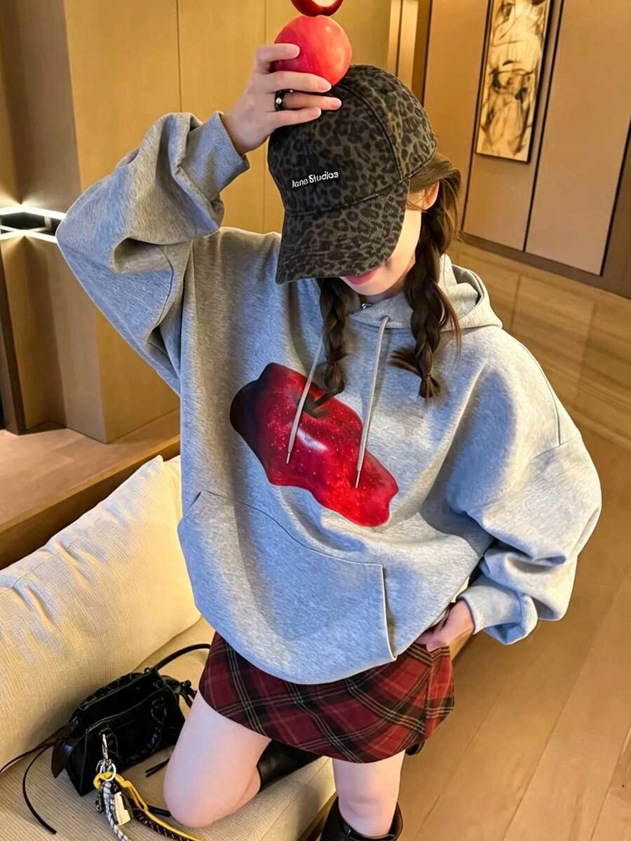 Women's Hooded Sweatshirt, New Autumn/Winter Apple Pattern Print, Drawstring Design, With Pockets, Casual Versatile Loose Fit Top, Fashionable Daily Wear - Dark Gray - View 1