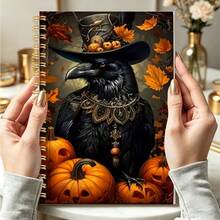 DANPERJI 1pc A5 Spiral Notebook, Halloween Themed Vintage Raven Pumpkin Autumn Botanical Pattern Cover, Writing Journal, Dark Gothic Vibe, Home Office Use, Note Keeping, Creative Thought Log Book - Gothic - View 1