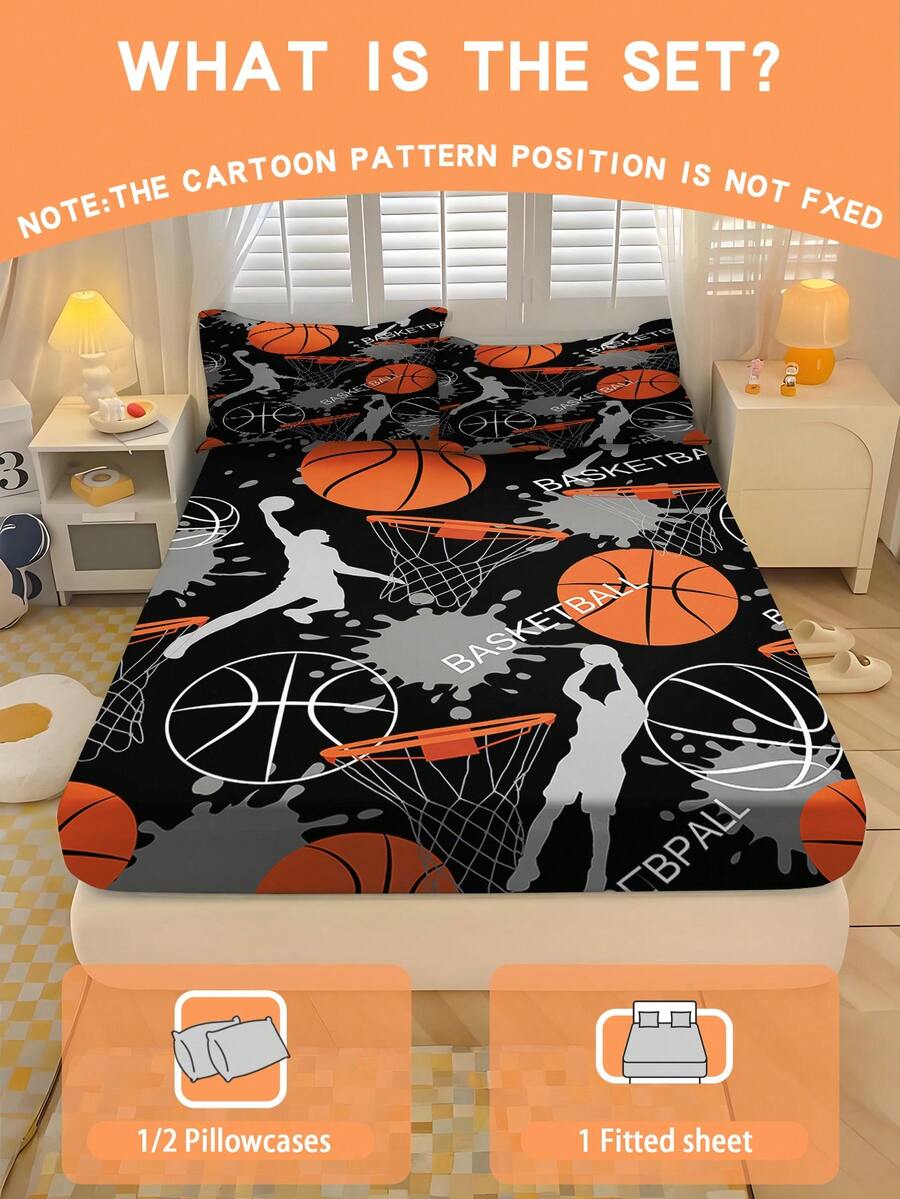 2/3pcs Boys Sports Basketball Bedding Set, Soft & Breathable, All Season, Twin/Full/Queen Size, 100% Polyester, Machine Washable - Multicolor - View 1