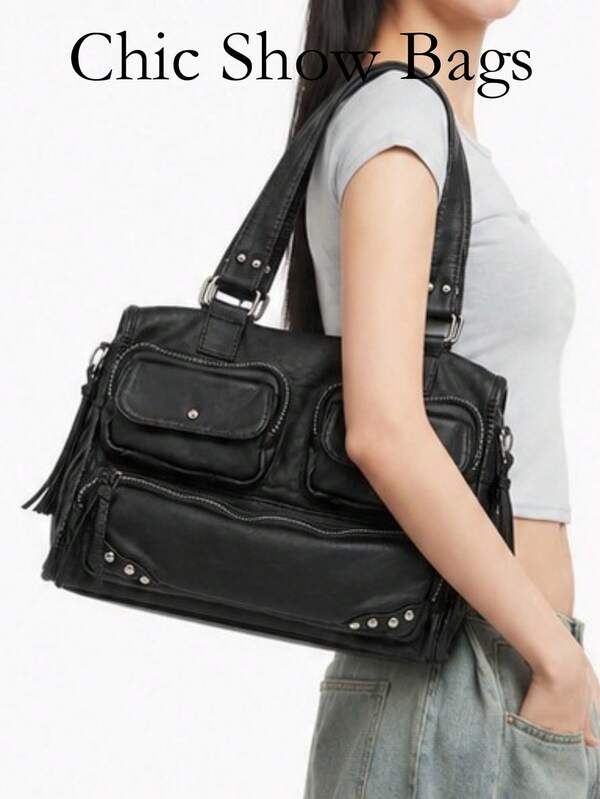 Women Shoulder Crossbody Bag,Washed Faux Leather,Metal Rivets Tassel & Adjustable Strap,Multi‑Pocket Capacity,Y2K Street Daily Work Weekend Travel