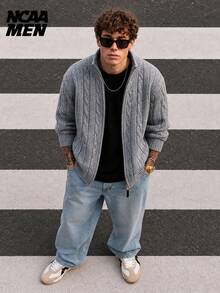 Men's Vintage Cable Knit Zipper Cardigan, Stand Collar Loose Casual Warm Solid Color Sweater Jacket, Autumn/Winter - Light Grey - View 1