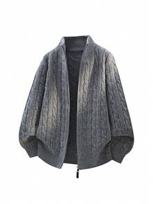 Men's Vintage Cable Knit Zipper Cardigan, Stand Collar Loose Casual Warm Solid Color Sweater Jacket, Autumn/Winter - Light Grey - View 2