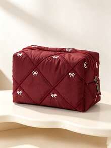 1pc/2pcsChic Style Quilted Cosmetic Pouch, Rectangular Box‑Shaped, Diamond Stitching With Bow Embroidery Detail, Zipper Closure, Cosmetic Storage, Travel Toiletry Bag, Suitable For Daily Makeup Organizing, Weekend Trip, Business Travel, All Season - Multicolor - View 9