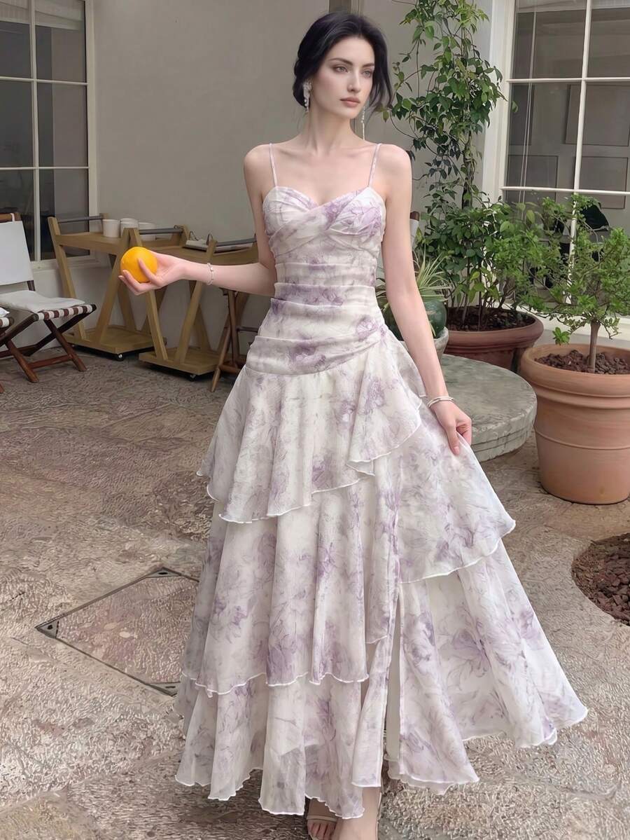 女士优雅碎花晚礼服，时尚荷叶边雪纺吊带无袖沙滩度假波西米亚风连衣裙，夏季
