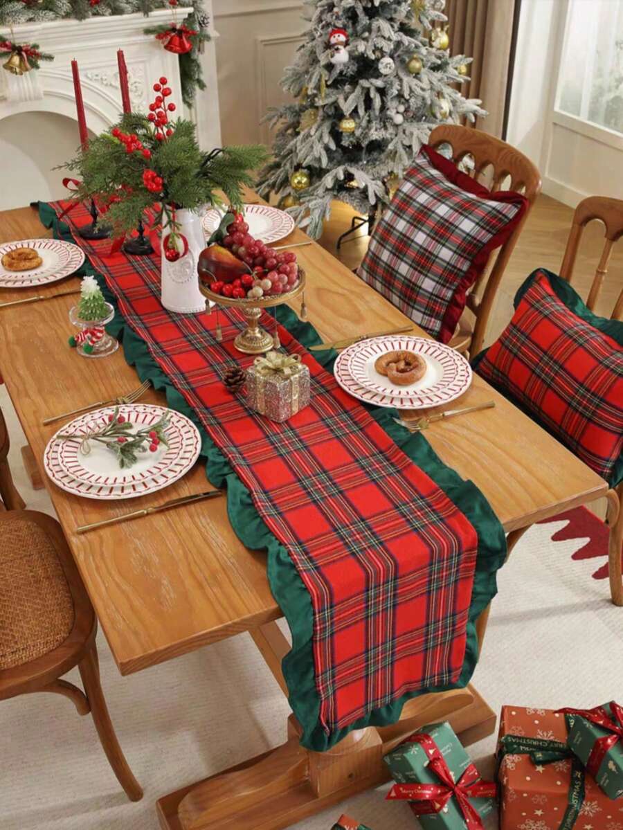 1pc Classic Christmas Red & Green Plaid Long Table Runner, Pleated Ruffle Edge Design, Tabletop Decoration For Christmas Family Gathering Dining Table - Red - View 1