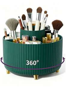 1pc 360° Rotating Makeup Brush Holder, Large Capacity Plastic Cosmetic Storage Organizer, Multi-Compartment Desktop Storage Bin, Bedroom Bathroom Vanity Decor, Holiday Gift - Multicolor - View 11