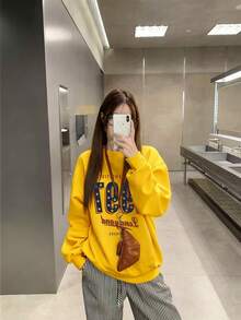 Minimalist Letter Print Autumn/Winter Lazy Loose Long Sleeve Crew Neck Sweatshirt For Women, Streetwear Style Top - Yellow - View 5