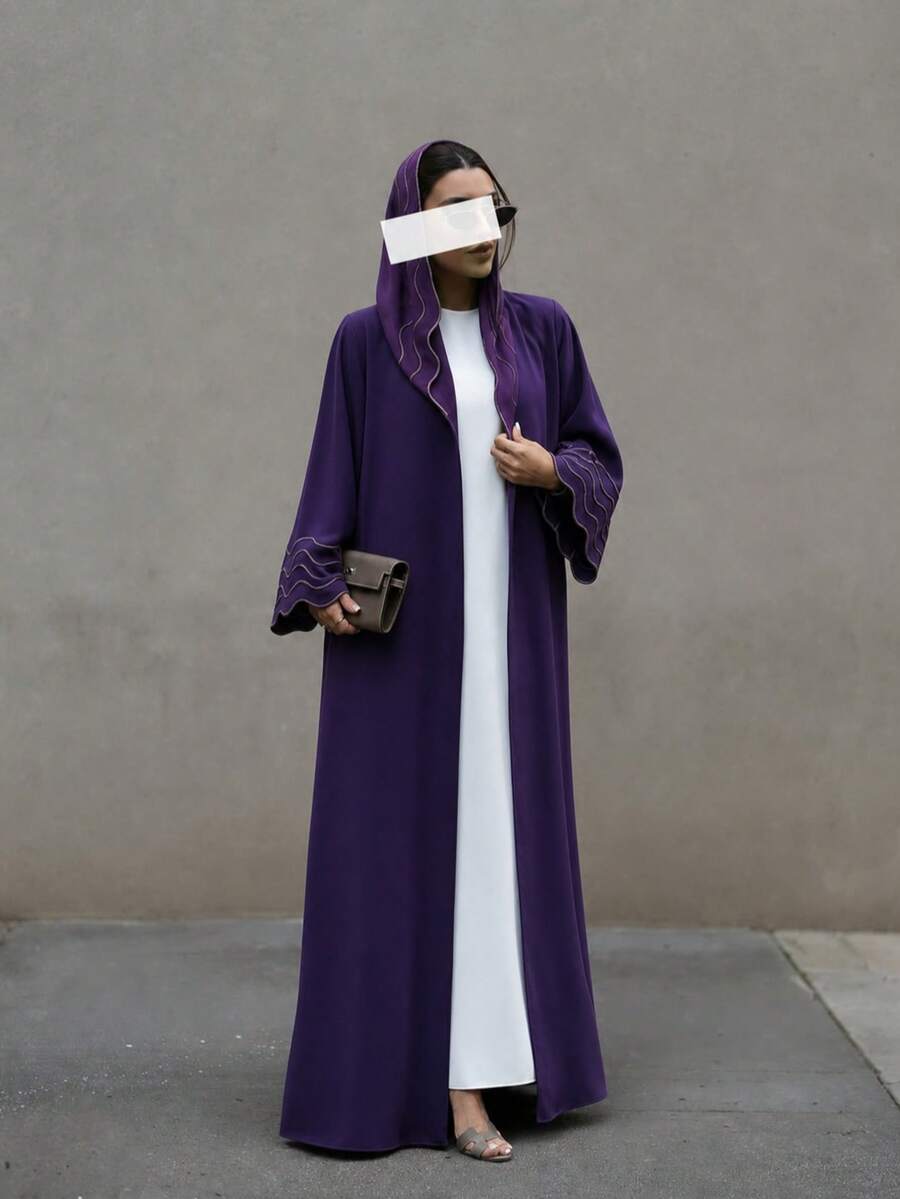 Hafizah Women's Striped Embroidered Robe & Headscarf 2 Pieces Set - Violet Purple - View 1