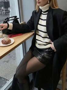 女款春夏新款高領灰色極簡通勤修身優雅羅紋長袖針織套頭毛衣 - 米白拼黑色 - 查看 5