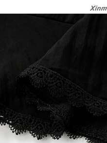Elegant Layered Skirt With Lace Patchwork And Ruffle Hem, Soft Spring/Summer Style, Versatile For Travel, Casual And Vacation Wear - Black - View 5