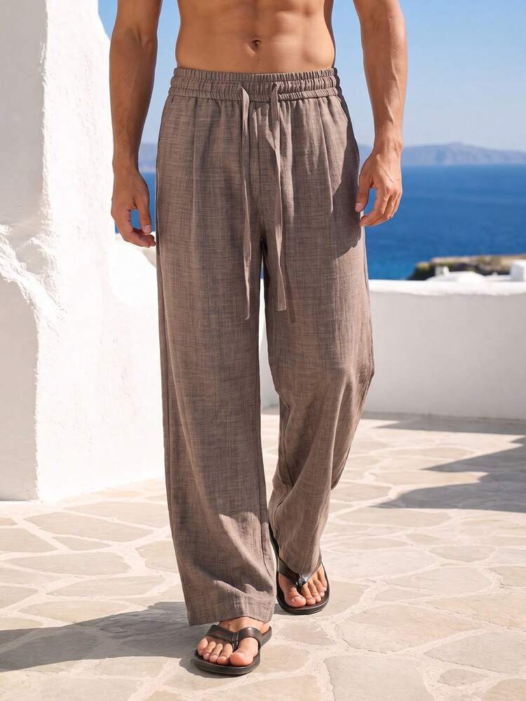 1pc Men's Brown Faux Linen Textured Curved Leg Wide Leg Pants, Men's Long Pants, Men's Trousers, Draped Loose Fit, Breathable Lightweight Fabric, Drawstring Elastic Waist, Vacation Style, Machine Washable, Summer Beach Casual Relaxed Long Pants - Coffee Brown - View 5