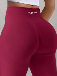 Yefecy 女款無縫防震緊身運動褲，抓皺健身褲，中腰收腹提臀瑜伽褲，秋季運動款 - 酒紅色 - 查看 4