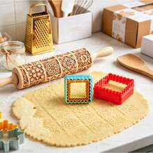 1Pc 13.7 Inch Wooden Embossed Rolling Pin, Square‑Grid Floral Engraved Dough Roller, Cookie Biscuit Imprint Mold, Household Baking Tool, Ideal For Party, Wedding, Festival & Gift - Multi-color - Dark Window Film - View 7