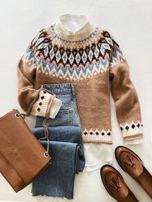 Women's Vintage Fair Isle Pattern Long Sleeve Pullover Sweater, Knitted Medium Stretch Regular Fit Winter Knitwear - Khaki - View 2
