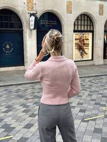 Women's Pink Knitted Cropped Zip-Up Sweater, Long Sleeve Collared, Casual Everyday Wear, Suitable For Autumn/Winter - Pink - View 3