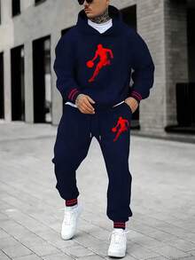 Men's Basketball Print Hoodie Sweatpants Set, Navy Blue Striped Ribbed Cuffs Loose Casual Sports Tracksuit - Royal Blue - View 9