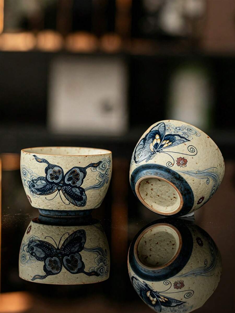 1pc/2pcs/4pcs Vintage Blue And White Butterfly Ceramic Tea Cup, Exquisite Hand-Painted Butterfly And Auspicious Cloud Espresso Cup, Home Tea Drinking Master Cup, Kung Fu Tea Set Single Cup, Gift, Combination Pack, Party/Guest Set - Multicolor - View 1