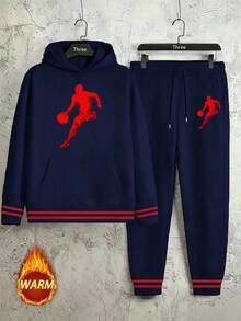 Men's Basketball Print Hoodie Sweatpants Set, Navy Blue Striped Ribbed Cuffs Loose Casual Sports Tracksuit - Royal Blue - View 3
