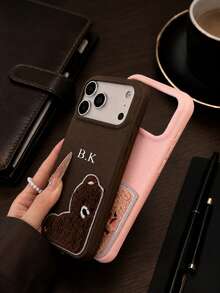 Personalized Customized Faux Lychee Texture Hard Shell Couple Embroidered Bear Phone Case, Name Letter Customization, Suitable For Apple 18 17 16 15 14 Pro Max 13 12 11 Plus - Chocolate Brown - View 4