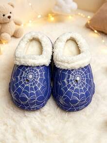 Boy's And Girl's Children's Spider-Web Pattern Fleece Slip-On Slip-On Shoes With Holes. Children's Warm Home Shoes, Suitable For Daily Use At Home. - Blue - View 2