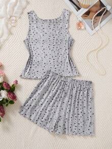 2-Piece Pajama Set Plus Comfortable Small Ditsy Floral Knit Sleeveless Tank Top And Shorts, Plus Size Women Spring/Summer - Grey - View 2