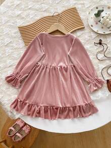 Girls' Velvet Princess Dress With Bow And Frill Trim, Cake Dress, Formal Gown, Autumn - Pink - View 3