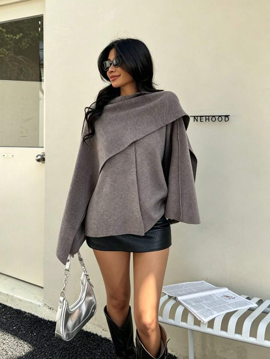 THREADLY Autumn/Winter New Slouchy Scarf Cape Round Neck Long Sleeve Short Knit Coat Jacket - Brown - View 1