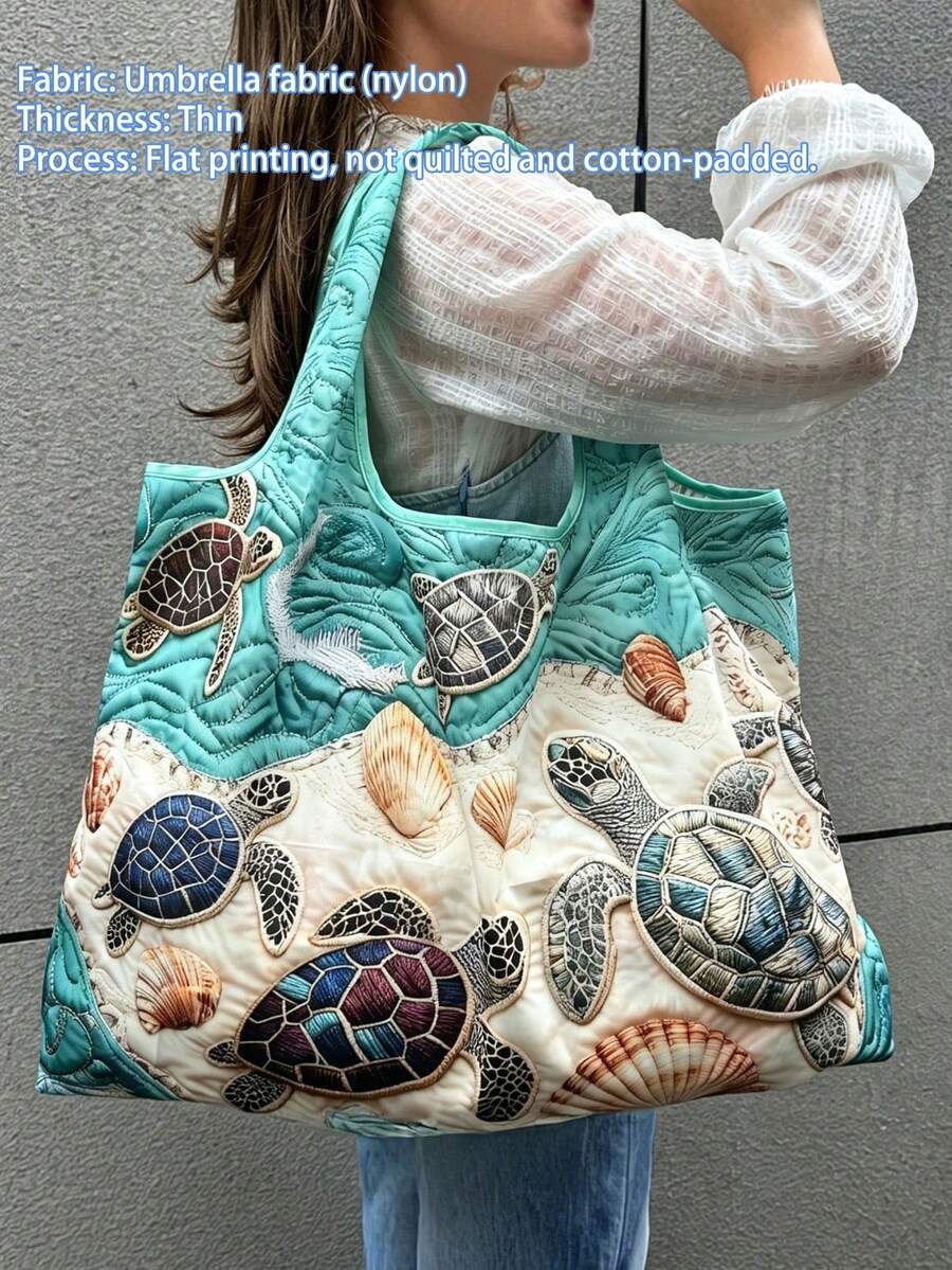 1pc Reusable Shopping Bag, Digital Printing Flat Print, Turtle & Starfish Pattern Beach Bag, Vacation Sand Tool Bag, Large Capacity Foldable, Picnic Tool Bag, Foldable Portable Large Capacity Tote Bag, Suitable For Shopping, Office, Travel, Party, Organization And Storage