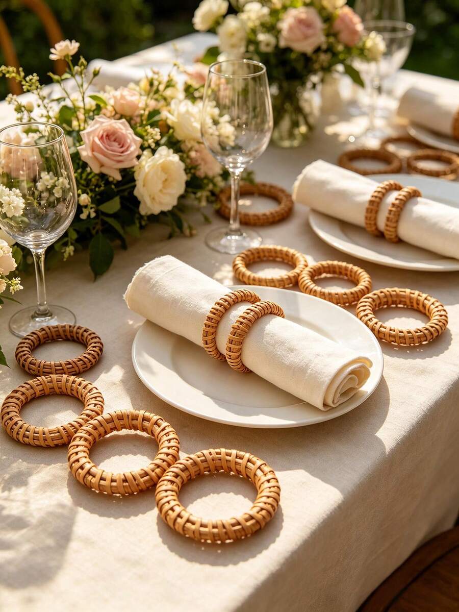 1-24pcs Handmade Natural Rattan Napkin Rings, Round Woven Napkin Holders, Bohemian Farmhouse Style Willow Napkin Rings, Suitable For Dinner Table Decor, Wedding Banquet, Holiday Party, Hotel Restaurant Kitchen Table Decoration, Reusable Tabletop Decor - Multicolor - View 1