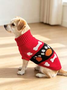 1pc Cute Paw Print & Bone Pet Cat Dog Fleece Sweater Winter Pet Clothing - Red - View 4