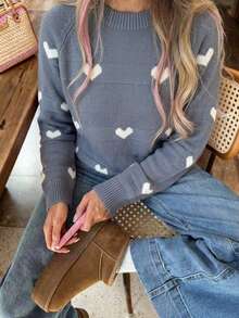 女款白色圓領愛心圖案長袖針織毛衣，寬鬆休閒套頭上衣，適合秋冬穿著的舒適日常街頭風穿搭 - 灰色 - 查看 8