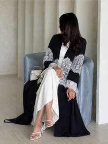 Hafizah Black Contrast Lace Trim Patchwork Long Sleeve Robe For Women, Stand Collar Waist-Cinching Slimming Elegant Long Dress, Formal Occasions Fall - Black - View 4