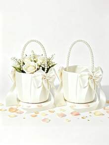 1/2 st modern vit blomkorg med pärlhandtag, med satinband och rosett, vikbar, bröllops- och Alla hjärtans dag-dekoration, multifunktionell tillbehör för event och fest, dekorativ blombehållare och buketttillbehör, lämplig för Halloween och jul - Pärlmodell - Visa 9
