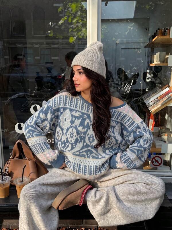 Women's Vintage Bohemian Style Knitted Long Sleeve Top, Casual Bohemian Style Knitted Top, Women's Colorful Pattern Sweatshirt, Women's Winter Top, Fall Clothes For Women, Vacation Outfits Women C