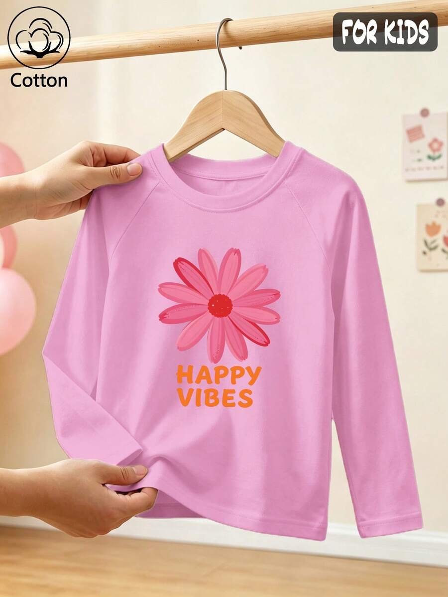 Girls Cotton Raglan Long Sleeve T-Shirt For Fall Winter, Pink Floral Print And Orange 'HAPPY VIBES' Graphic, Cute Sweet Preppy Style - Light Wine Red - View 1