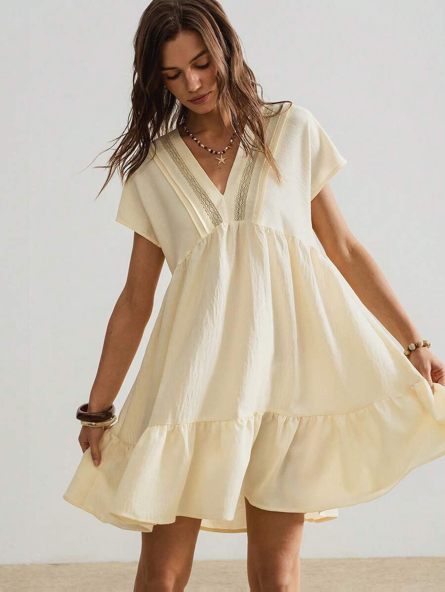 Rusttydustty Cream Yellow V-Neck Lace Patchwork Textured Loose Ruffle Hem Gentle Vacation Style Autumn Halloween Women's Short Dress - Pale Yellow - View 1
