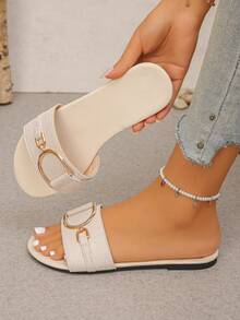 Women's Comfortable Soft Sole Sandals With D-Shaped Metal Buckle Decor, Solid Color Minimalist Round Toe Single Strap Flat Sandals, Korean Style Casual Summer Beige Slippers - Beige - View 5