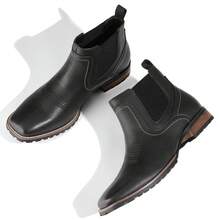 Plus Size Men Western Cowboy Chelsea Ankle Boots, Square Toe Slip‑On Faux Leather Block Heel Casual Short Boots - Black - View 5