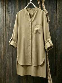 Women's Autumn Khaki Woven Long Sleeve Shirt, Roll-Up Sleeves, Stand Collar, Button Front - Camel - View 1