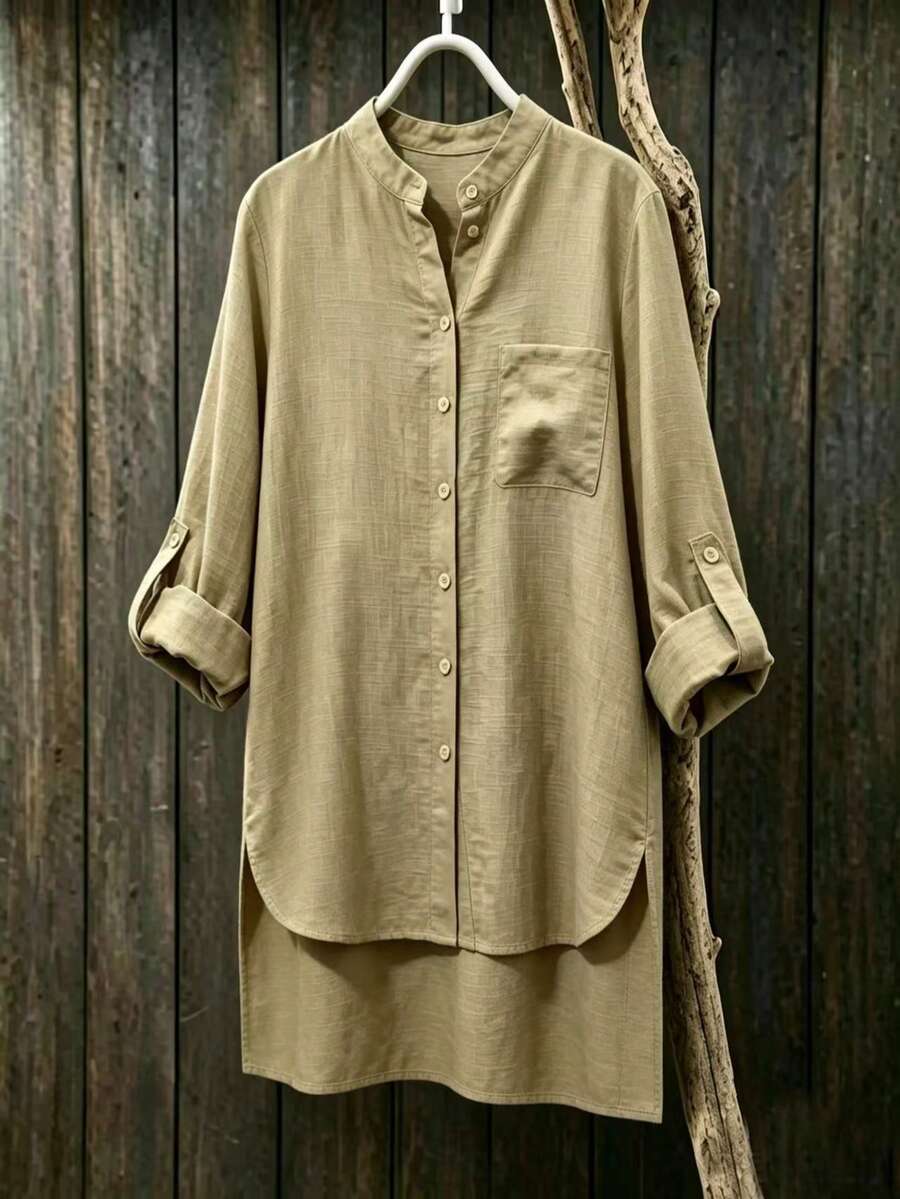 Women's Autumn Khaki Woven Long Sleeve Shirt, Roll-Up Sleeves, Stand Collar, Button Front - Camel - View 1