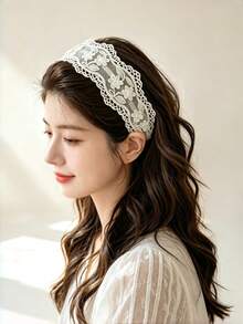 1pc White Floral Lace Wide Headband, Elegant Vintage Women's Hair Accessory For Daily Wear And Party - Multicolor - View 2