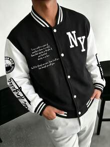 1pc Tween Boys Outdoor Sports Street Casual Daily Commute Minimalist College Style Creative Number & Letter Print Loose Baseball Jacket - Black - View 1