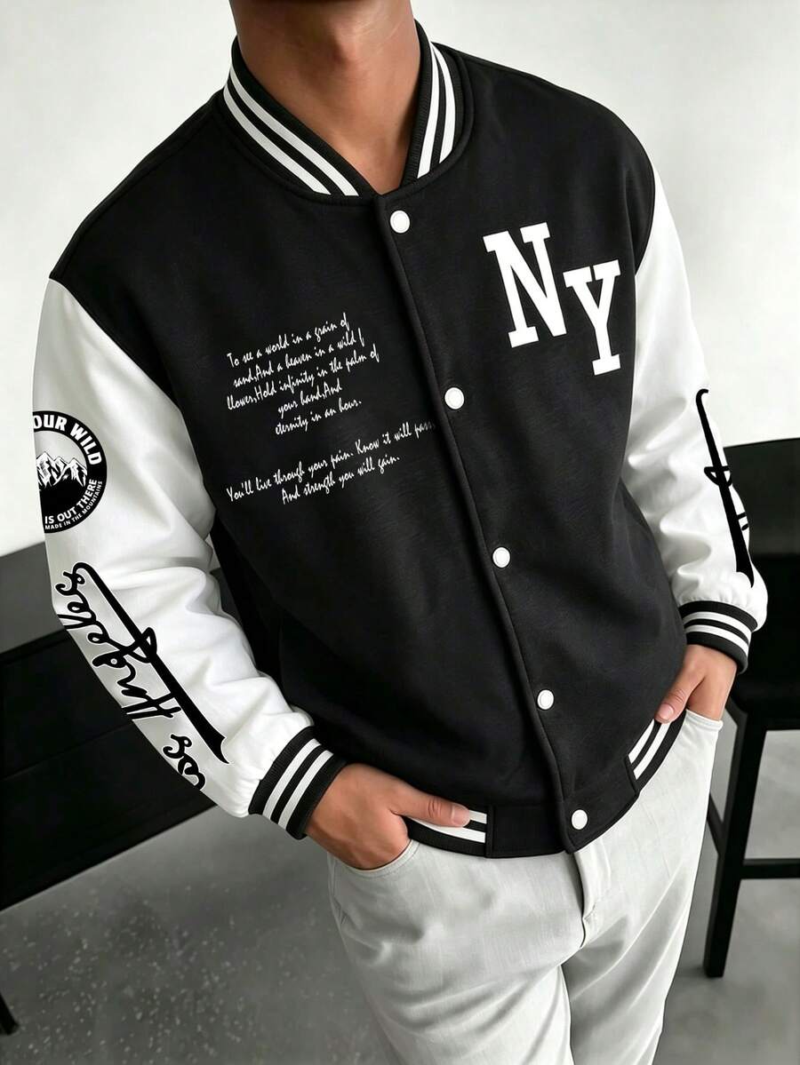 1pc Tween Boys Outdoor Sports Street Casual Daily Commute Minimalist College Style Creative Number & Letter Print Loose Baseball Jacket - Black - View 1