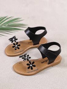 Cute Girls' Black 3D Flower Sandals, Criss-Cross Elastic Ankle Strap, Open Toe Kids' Summer Shoes, Suitable For Party, Daily, Vacation - Black - View 4