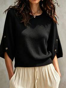 Women's Casual Autumn/Winter Solid Beige Round Neck Batwing Sleeve Knit Top, Button Design Pullover Sweater, Suitable For Daily Office Commute - Black - View 3