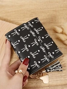Fashion Bow Printed Women's Short Wallet, Portable Metal Heart-Shaped Tassel Decoration Three Fold Wallet, Suitable For Outdoor And Travel - Pink - View 13