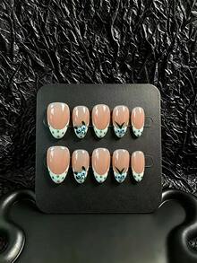 10pcs Handmade Press-On Nails, Short Almond Shape, Funny & Quirky Style, Nude Pink Base With Green Polka Dot French Tips, Green Twigs And Blueberry Decor, Playful & Cute Vibe, Suitable For Dates, Aesthetic Outfits, Street Wear, Includes Full Set Of Manicure Tools, Exclusive Gift For Girls - Green - View 2